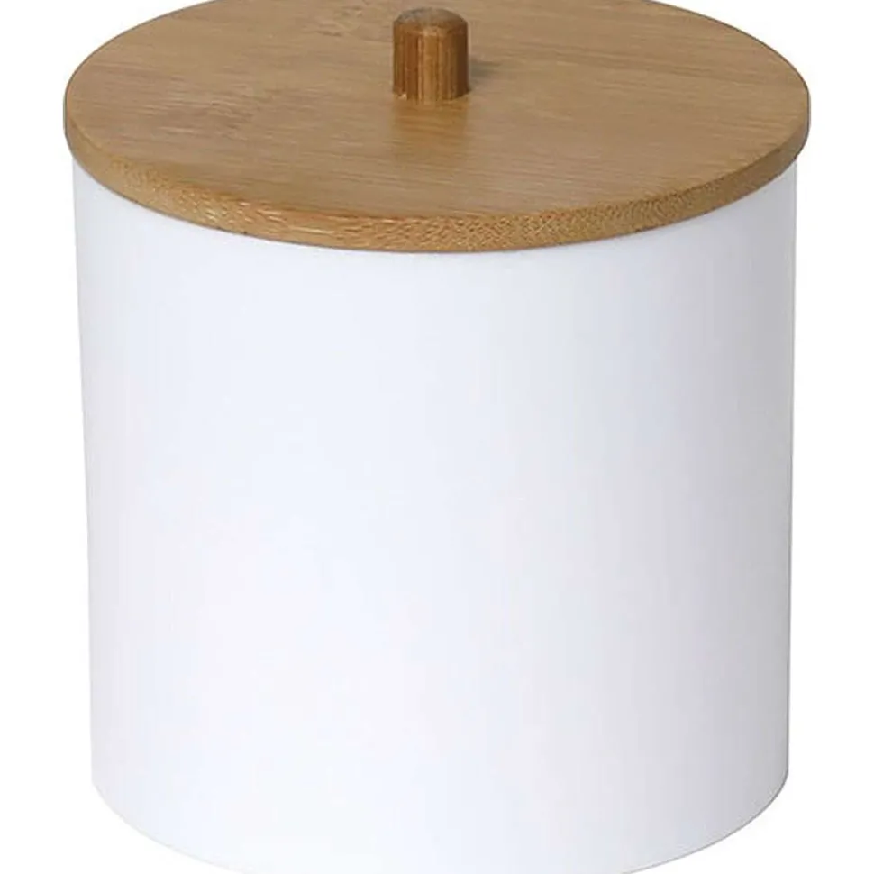 Boîte A Coton Et Coton Tiges Blanc Couvercle Bambou