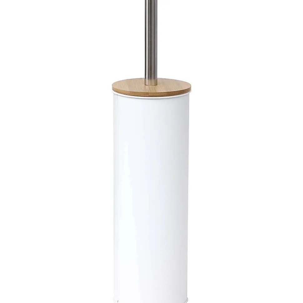 Brosse Wc Metal Couvercle Bambou Blanc
