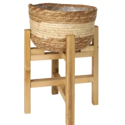 maxibazar Cache Pot Fibre Vegetale Sur Pieds Bois H.38Cm