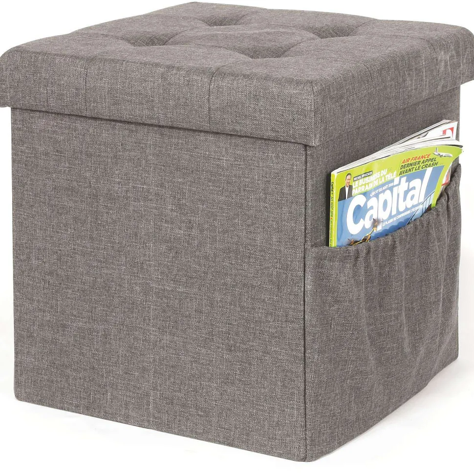 Coffre Pouf Pliable Tissu Gris Fonce