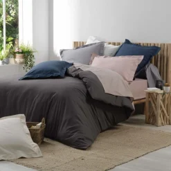 maxibazar Drap Plat 2 P 240X300Cm Percale Uni Gris Point Bourdon