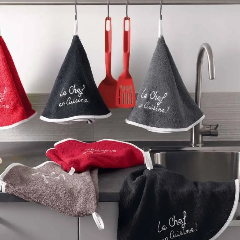 maxibazar Essuie Main Rond 60 Cm Eponge Brodee Cuistot Anthracite