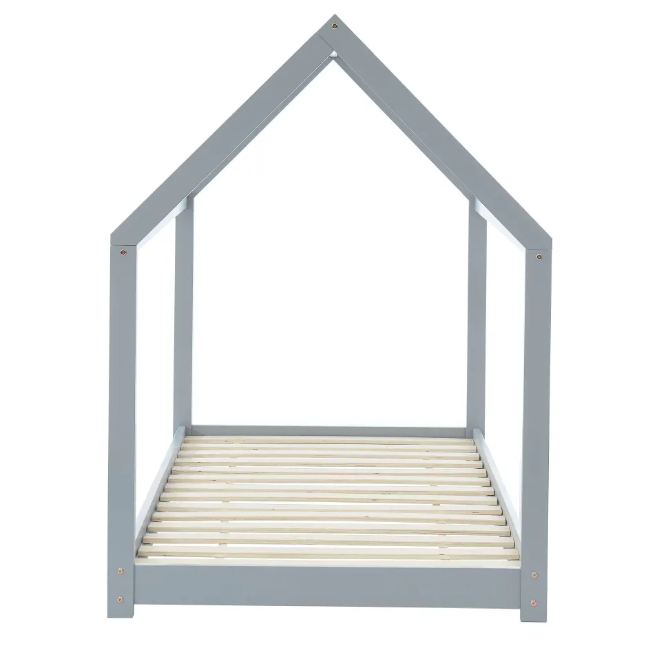Lit Enfant Cabane Tiny Pin Gris Sommier 90X190Cm