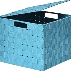 Panier Carre Polyester Avec Couvercle Turquoise Taille L