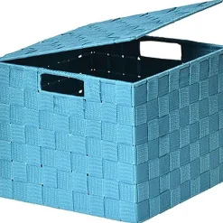 Panier Carre Polyester Avec Couvercle Turquoise Taille M