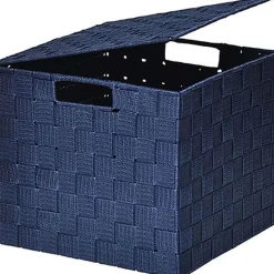 Panier Carre Polyester Avec Couvercle Bleu Marine Taille L