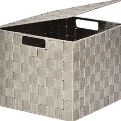 Panier Carre Polyester Avec Couvercle Taupe Taille L