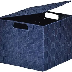 Panier Carre Polyester Avec Couvercle Bleu Marine Taille M