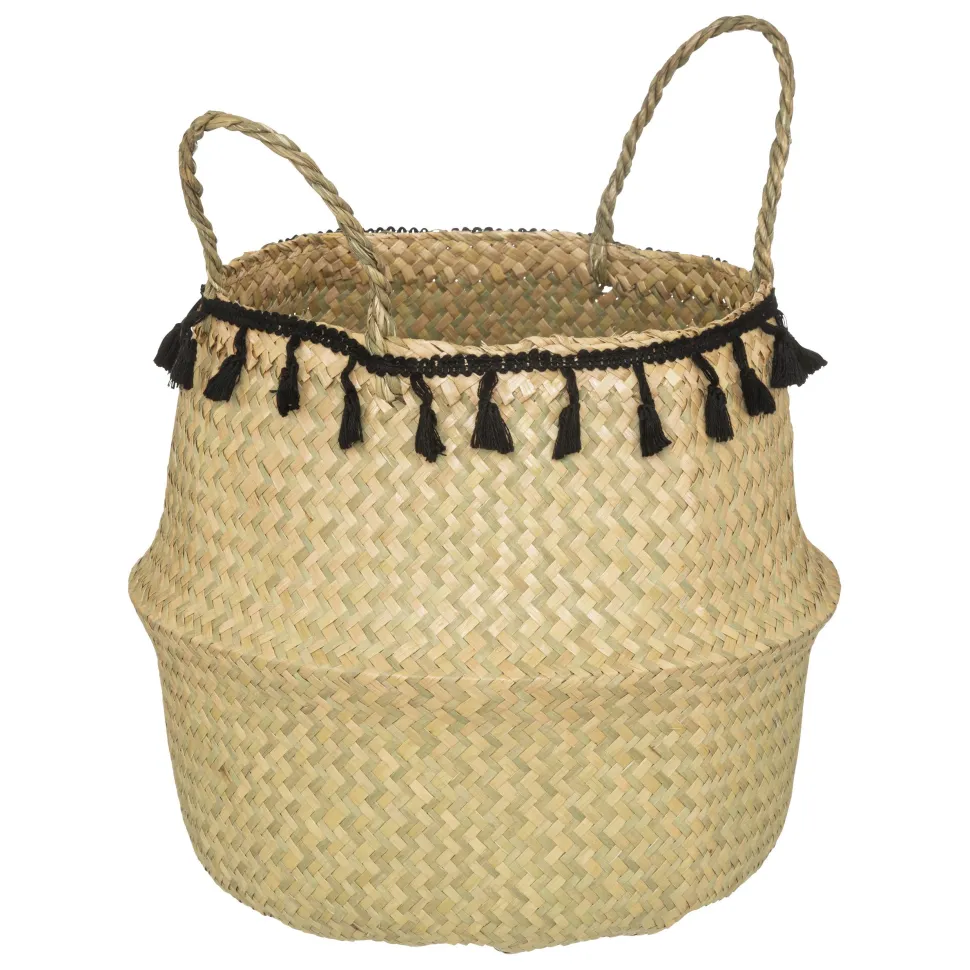 maxibazar Panier Pli Pompons Noir Alina D.30X37Cm