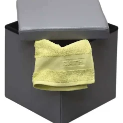 Pouf De Rangement Pliable Pu Mdf Uni Gris